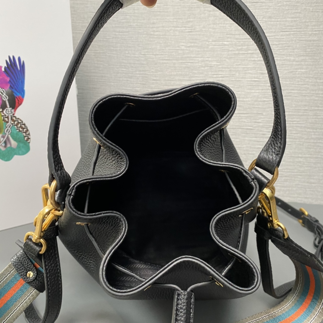 Prada Leather Bucket Bag Shoulder Bag Handbag Black 1BE018